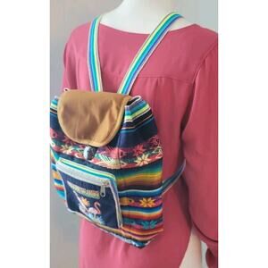 Serape Cayman Island Striped Backpack Purse Handbag Flamingos Drawstring